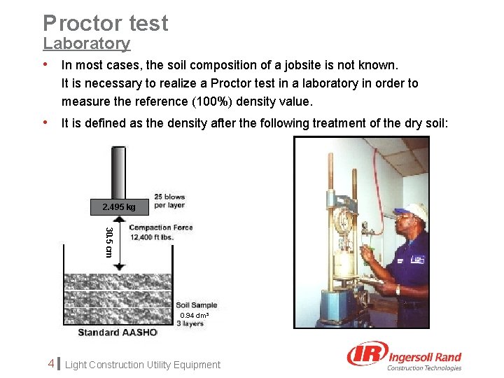 Proctor test Laboratory • In most cases, the soil composition of a jobsite is