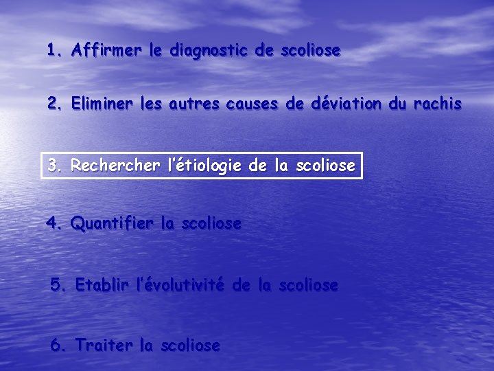 1. Affirmer le diagnostic de scoliose 2. Eliminer les autres causes de déviation du