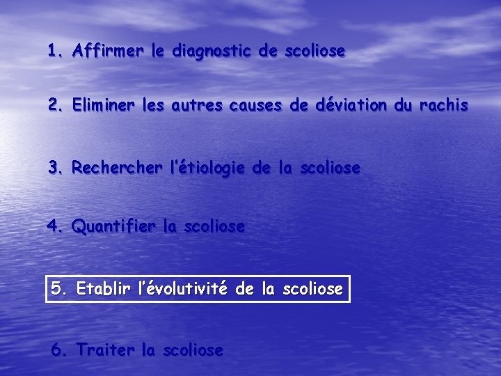 1. Affirmer le diagnostic de scoliose 2. Eliminer les autres causes de déviation du