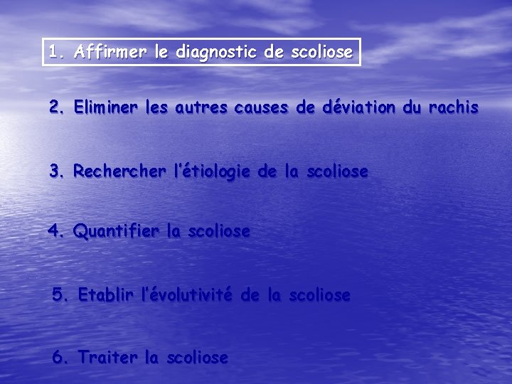 1. Affirmer le diagnostic de scoliose 2. Eliminer les autres causes de déviation du