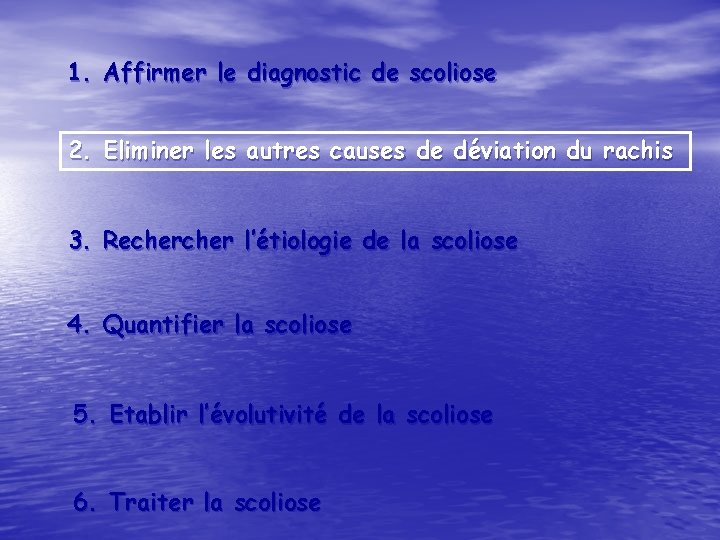 1. Affirmer le diagnostic de scoliose 2. Eliminer les autres causes de déviation du