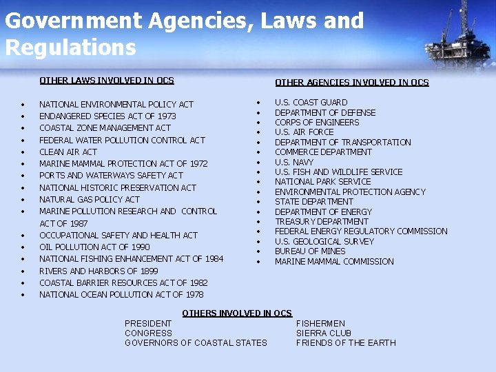 Government Agencies, Laws and Regulations OTHER LAWS INVOLVED IN OCS • • • •