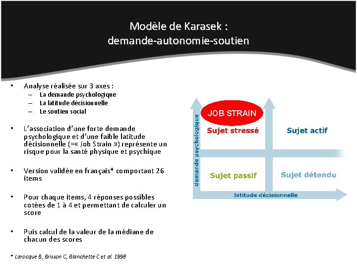 Modèle de Karasek : demande-autonomie-soutien • Analyse réalisée sur 3 axes : – La