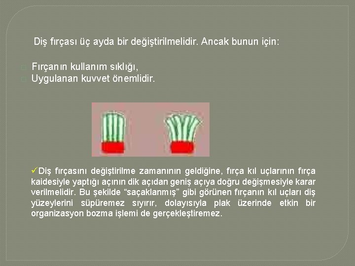  Diş fırçası üç ayda bir değiştirilmelidir. Ancak bunun için: � � Fırçanın kullanım