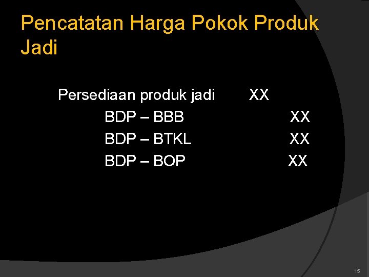 Pencatatan Harga Pokok Produk Jadi Persediaan produk jadi BDP – BBB BDP – BTKL