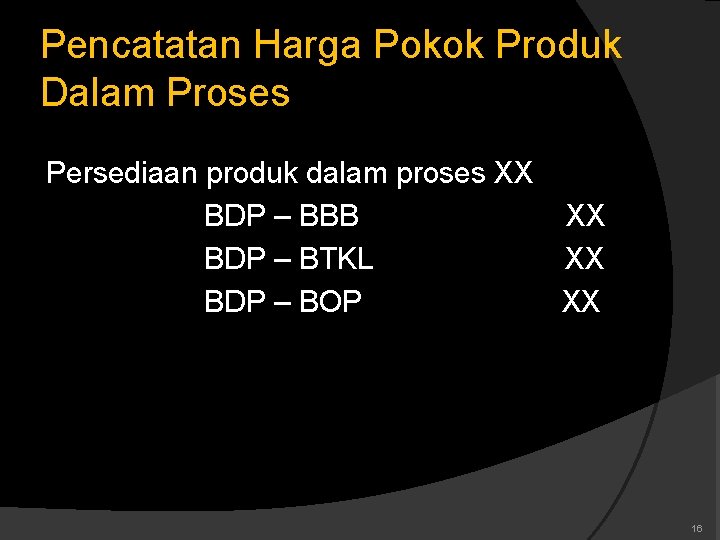 Pencatatan Harga Pokok Produk Dalam Proses Persediaan produk dalam proses XX BDP – BBB
