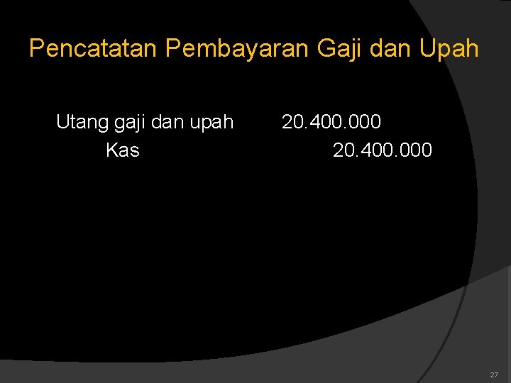 Pencatatan Pembayaran Gaji dan Upah Utang gaji dan upah Kas 20. 400. 000 27