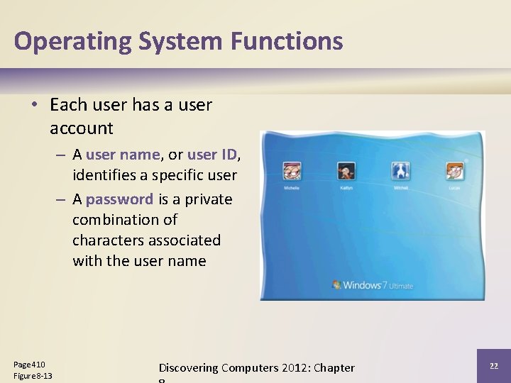 Operating System Functions • Each user has a user account – A user name,