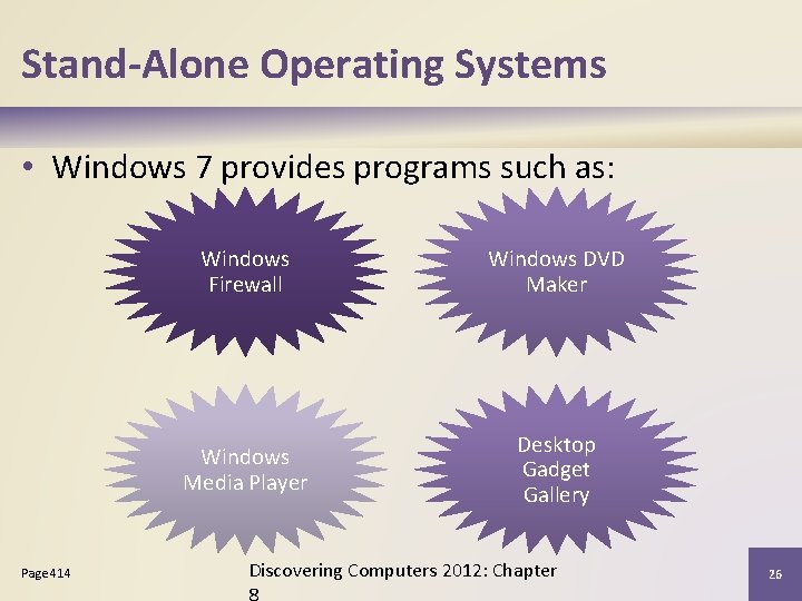 Stand-Alone Operating Systems • Windows 7 provides programs such as: Page 414 Windows Firewall