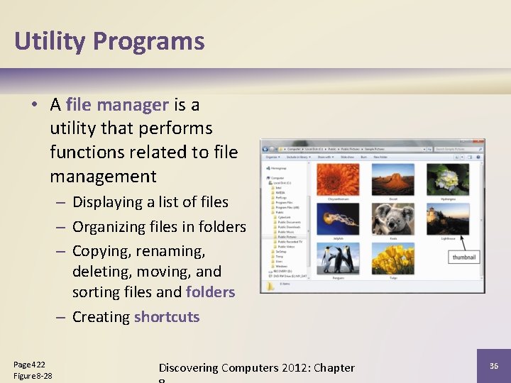 Utility Programs • A file manager is a utility that performs functions related to