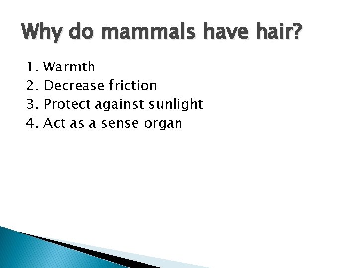 Why do mammals have hair? 1. 2. 3. 4. Warmth Decrease friction Protect against Why do mammals have hair? 1. 2. 3. 4. Warmth Decrease friction Protect against