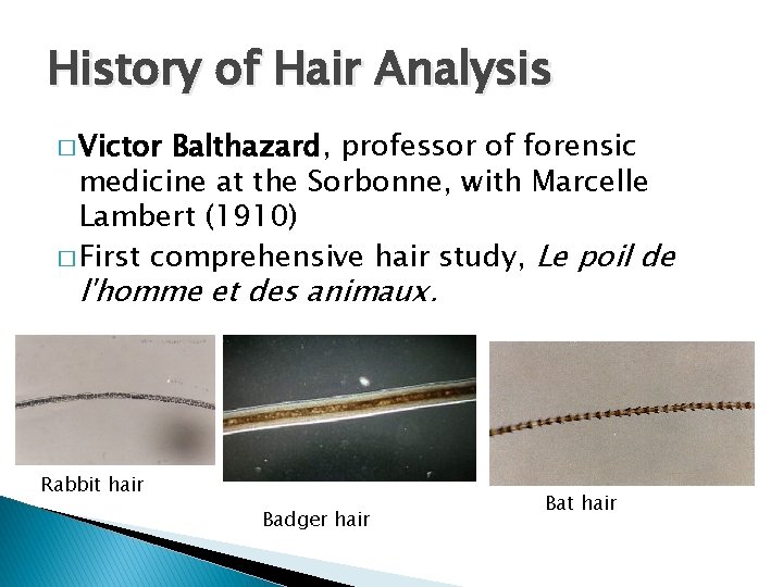 History of Hair Analysis � Victor Balthazard, professor of forensic medicine at the Sorbonne, History of Hair Analysis � Victor Balthazard, professor of forensic medicine at the Sorbonne,