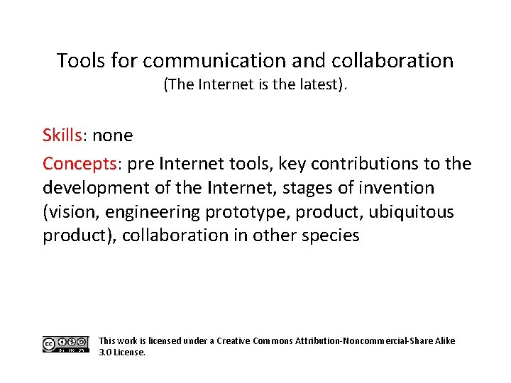 Tools for communication and collaboration (The Internet is the latest). Skills: none Concepts: pre