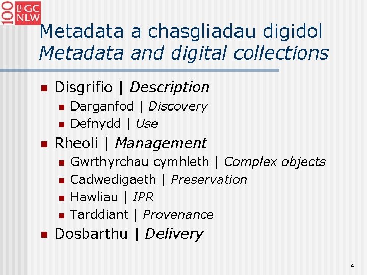 Metadata a chasgliadau digidol Metadata and digital collections n Disgrifio | Description n Rheoli