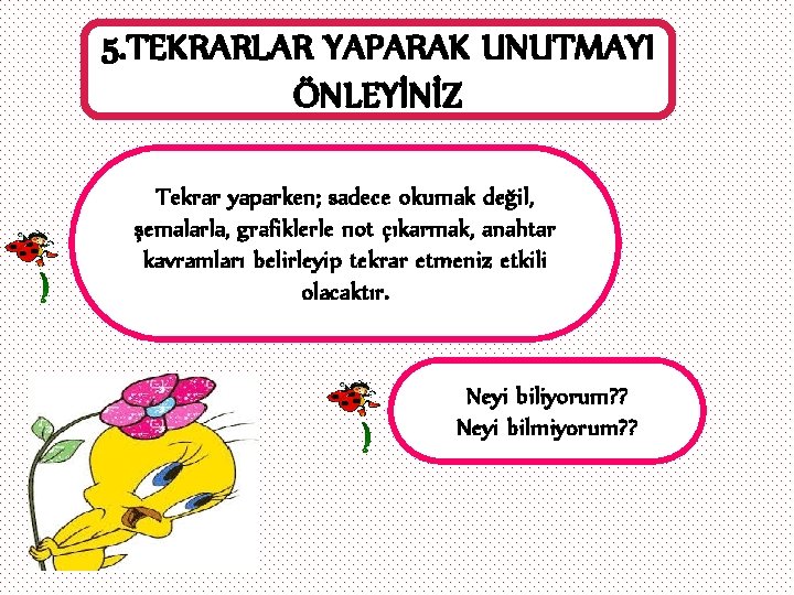 5. TEKRARLAR YAPARAK UNUTMAYI ÖNLEYİNİZ Tekrar yaparken; sadece okumak değil, şemalarla, grafiklerle not çıkarmak,