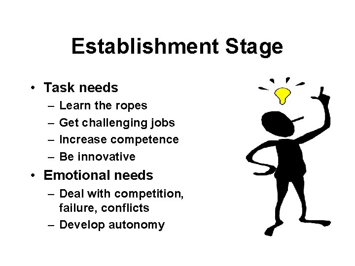 Establishment Stage • Task needs – – Learn the ropes Get challenging jobs Increase