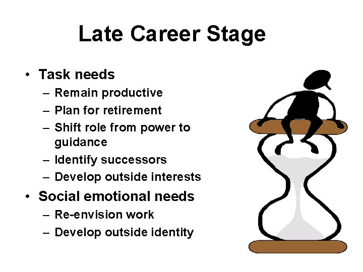 Late Career Stage • Task needs – Remain productive – Plan for retirement –