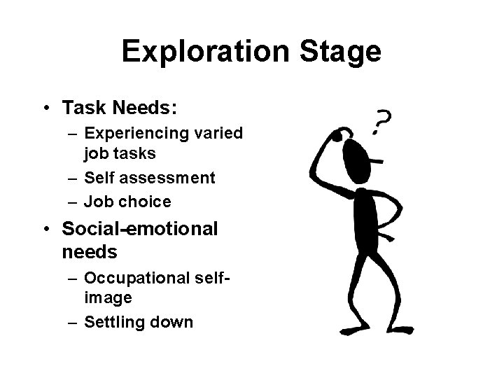 Exploration Stage • Task Needs: – Experiencing varied job tasks – Self assessment –