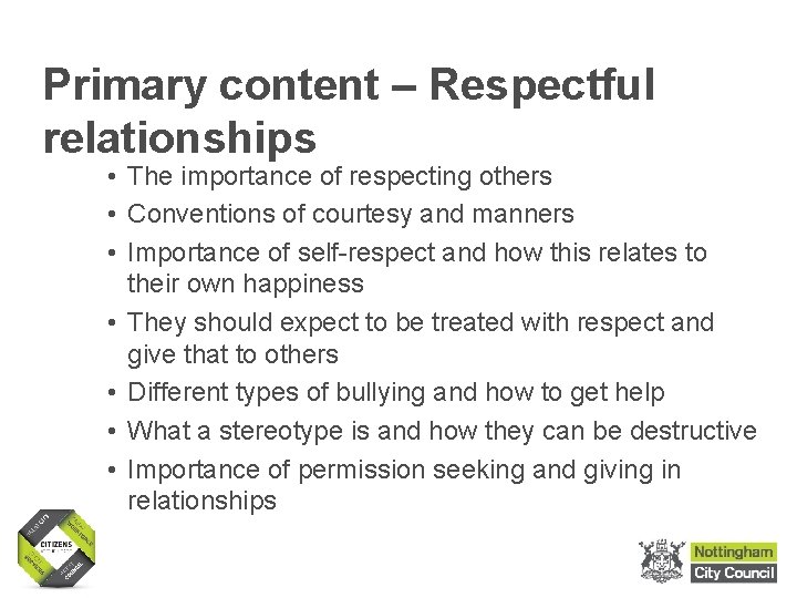 Primary content – Respectful relationships • The importance of respecting others • Conventions of