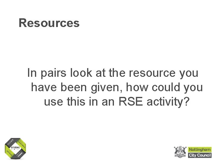 Resources In pairs look at the resource you have been given, how could you