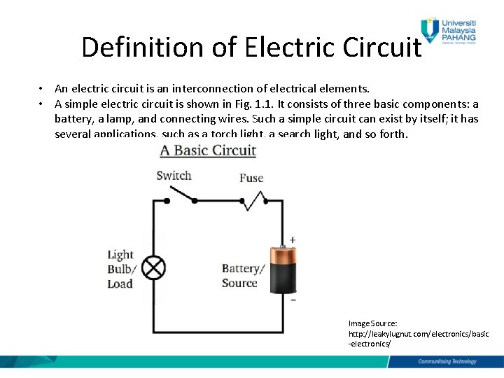 Definition of Electric Circuit • An electric circuit is an interconnection of electrical elements.