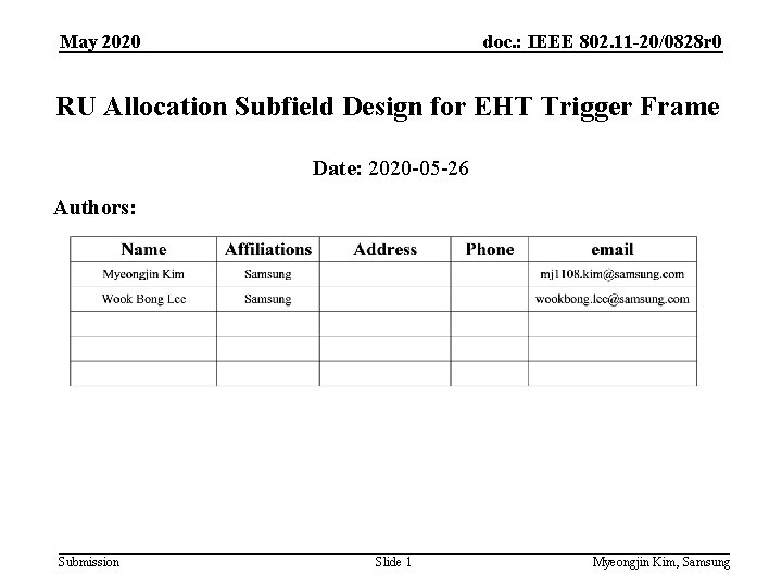 May 2020 doc. : IEEE 802. 11 -20/0828 r 0 RU Allocation Subfield Design