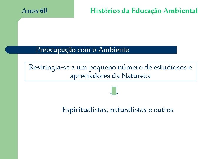 Anos 60 Histórico da Educação Ambiental Preocupação com o Ambiente Restringia-se a um pequeno