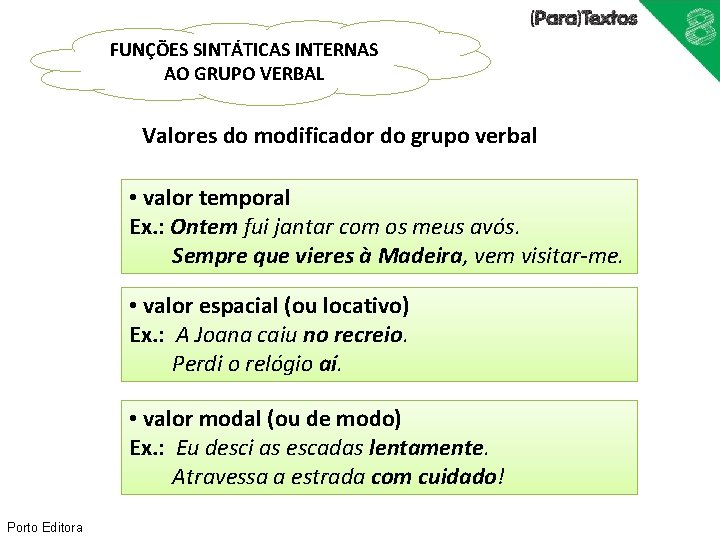 FUNÇÕES SINTÁTICAS INTERNAS AO GRUPO VERBAL Valores do modificador do grupo verbal • valor FUNÇÕES SINTÁTICAS INTERNAS AO GRUPO VERBAL Valores do modificador do grupo verbal • valor