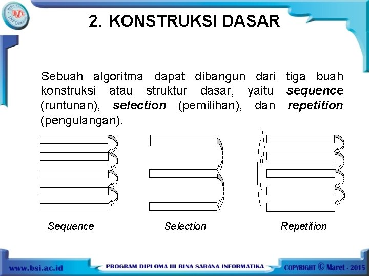 2. KONSTRUKSI DASAR Sebuah algoritma dapat dibangun dari tiga buah konstruksi atau struktur dasar,