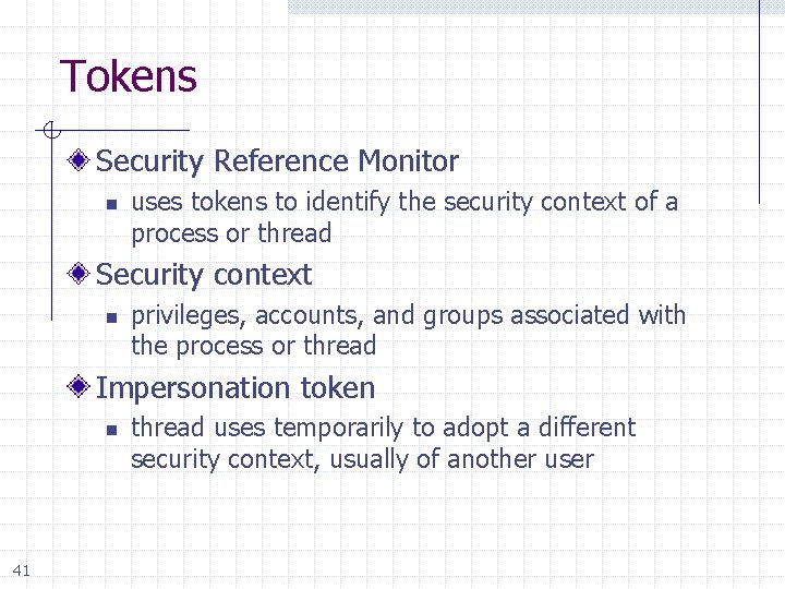 Tokens Security Reference Monitor n uses tokens to identify the security context of a