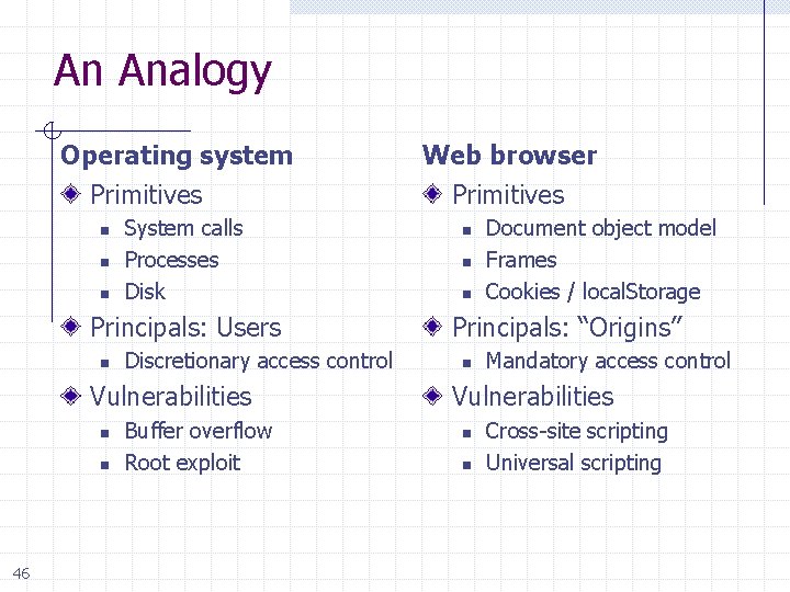 An Analogy Operating system Primitives n n n System calls Processes Disk Principals: Users