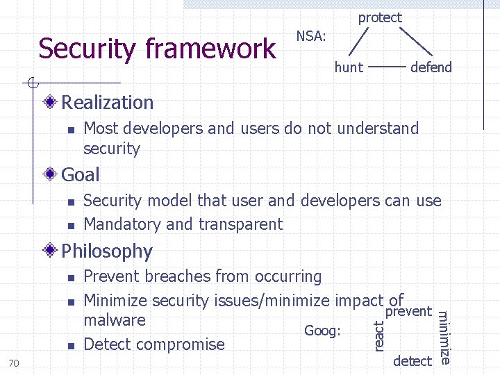 protect Security framework NSA: hunt defend Realization n Most developers and users do not