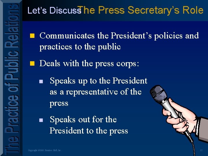 Let’s Discuss. The Press Secretary’s Role n Communicates the President’s policies and practices to