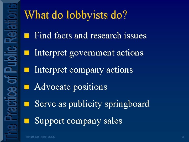 What do lobbyists do? n Find facts and research issues n Interpret government actions