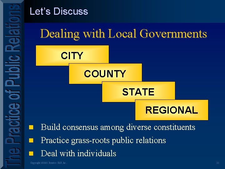 Let’s Discuss Dealing with Local Governments CITY COUNTY STATE REGIONAL Build consensus among diverse
