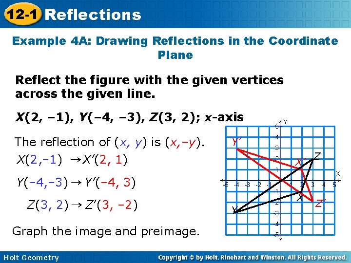 12 -1 Reflections Example 4 A: Drawing Reflections in the Coordinate Plane Reflect the