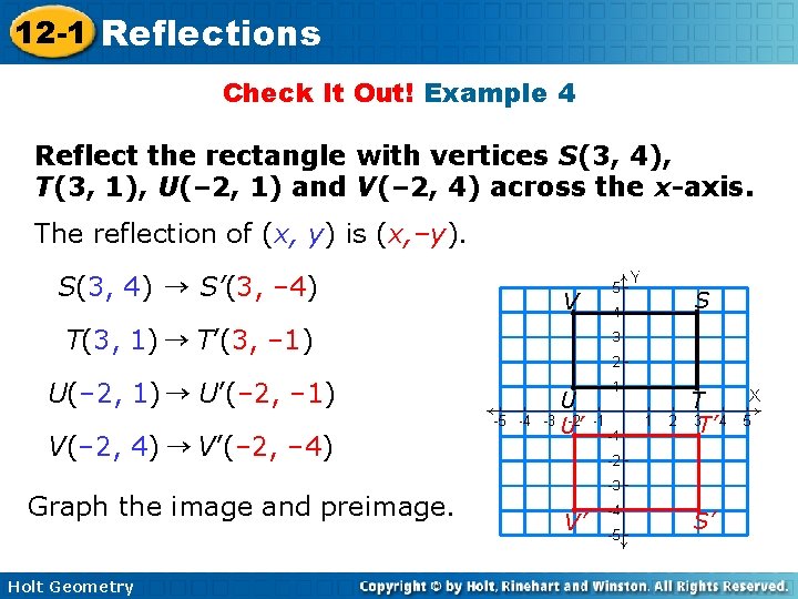 12 -1 Reflections Check It Out! Example 4 Reflect the rectangle with vertices S(3,