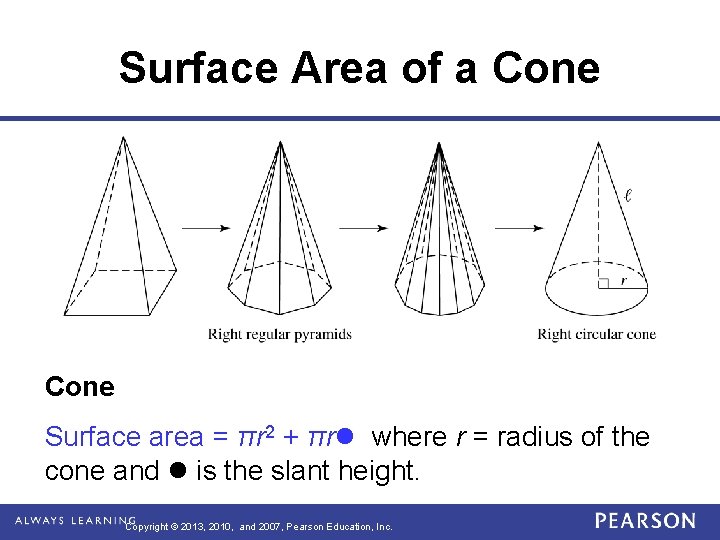 Surface Area of a Cone Surface area = πr 2 + πr where r Surface Area of a Cone Surface area = πr 2 + πr where r