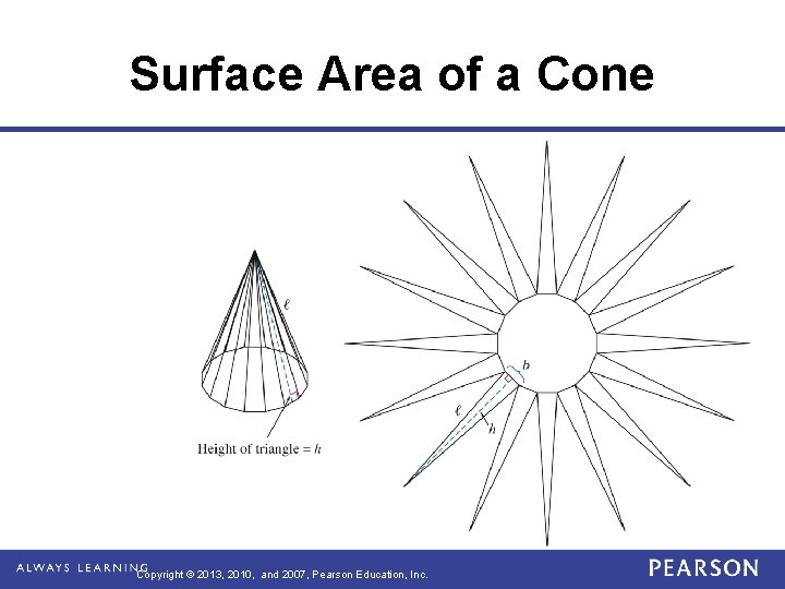 Surface Area of a Cone Copyright © 2013, 2010, and 2007, Pearson Education, Inc. Surface Area of a Cone Copyright © 2013, 2010, and 2007, Pearson Education, Inc.