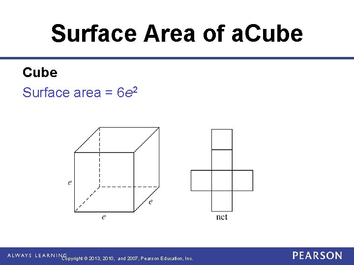 Surface Area of a. Cube Surface area = 6 e 2 Copyright © 2013, Surface Area of a. Cube Surface area = 6 e 2 Copyright © 2013,