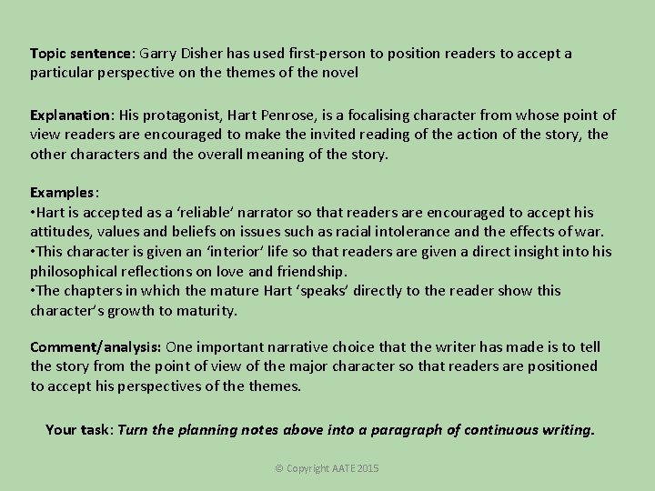 Topic sentence: Garry Disher has used first-person to position readers to accept a particular Topic sentence: Garry Disher has used first-person to position readers to accept a particular