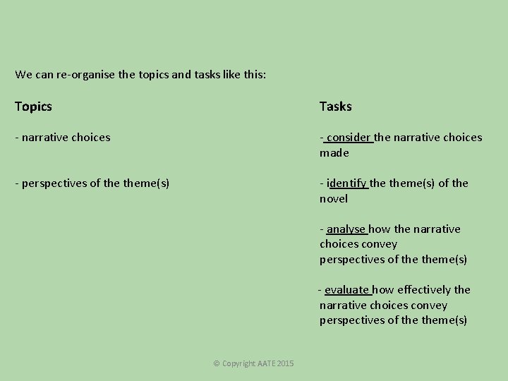We can re-organise the topics and tasks like this: Topics Tasks - narrative choices We can re-organise the topics and tasks like this: Topics Tasks - narrative choices