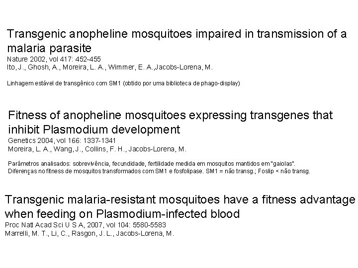 Transgenic anopheline mosquitoes impaired in transmission of a malaria parasite Nature 2002, vol 417: