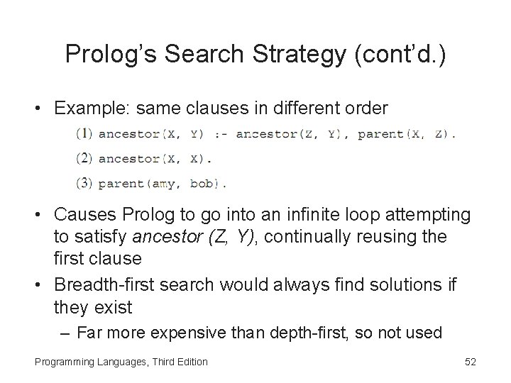 Prolog’s Search Strategy (cont’d. ) • Example: same clauses in different order • Causes