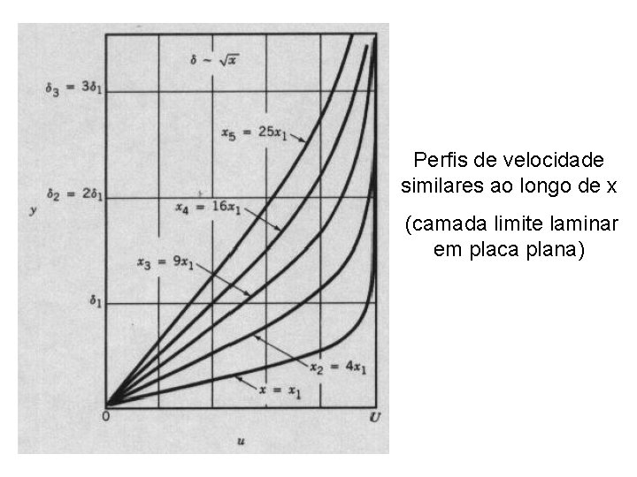 Perfis de velocidade similares ao longo de x (camada limite laminar em placa plana)