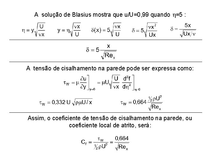 A solução de Blasius mostra que u/U=0, 99 quando h=5 : A tensão de