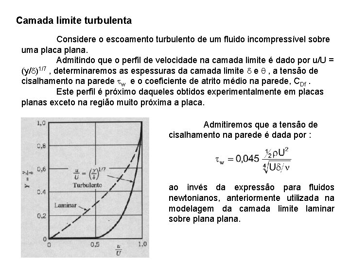 Camada limite turbulenta Considere o escoamento turbulento de um fluido incompressível sobre uma placa