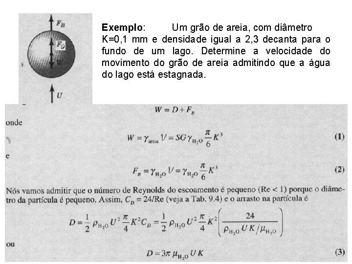Exemplo: Um grão de areia, com diâmetro K=0, 1 mm e densidade igual a