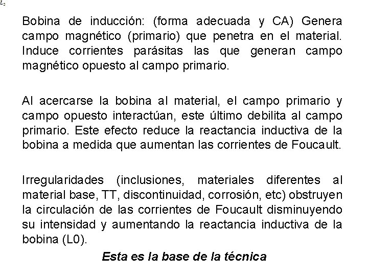 Bobina de inducción: (forma adecuada y CA) Genera campo magnético (primario) que penetra en