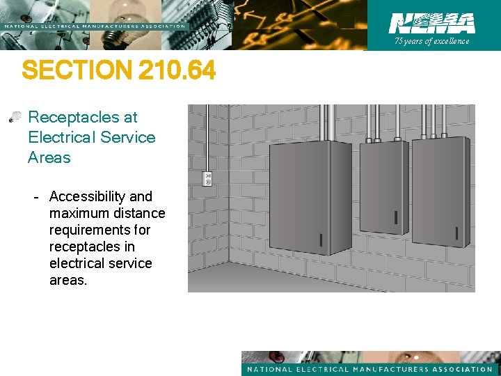 75 years of excellence SECTION 210. 64 Receptacles at Electrical Service Areas – Accessibility